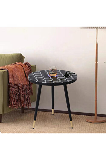 Tradeo Modern Round Side Table with LED Lights, Hexagon Pattern Top, Black Metal Legs with Gold Tips