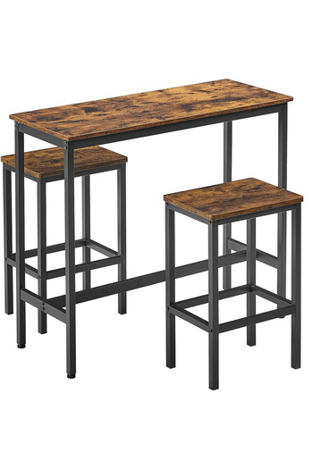 VASAGLE Bar table set with 2 chairs, steel frame, wooden top, industrial design, 100x40x90cm