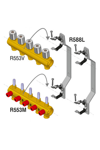 GIACOMINI R553KY064 distributor-collector set, 4 circuits, mounting brackets, flow meters