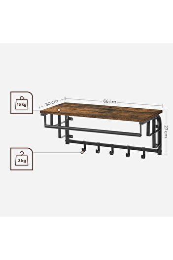 VASAGLE Cuier de perete cu raft de depozitare, 5 carlige detasabile, 30x66x27cm, maro rustic