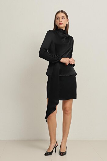 Setre Black Tie Detail Turtleneck Long Sleeve Mini Dress
