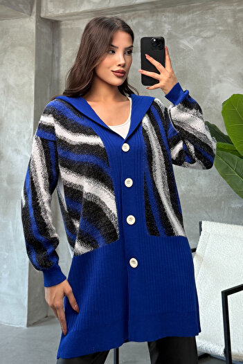 ALCHON V-Neck Hooded Buttoned Furry Long Sleeve Crumpled Pattern Color Gradient Winter Midi Length Knitwear Cardigan