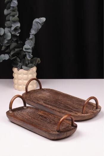 Bambum 2 Piece Pavlonya Darkwood Wooden Presentation Set – Rectangular Serving Plates with Handles