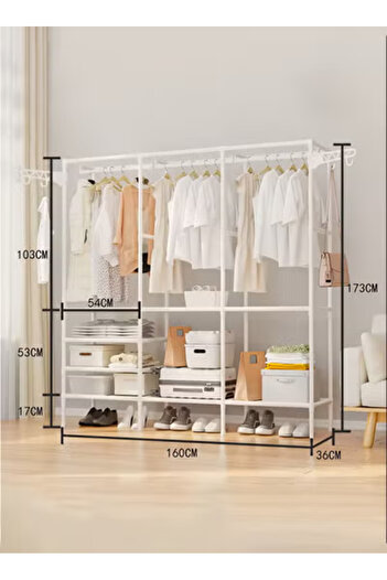 Taimi Metal Clothes Organizer Multi Functional Portable Wardrobe three Sections And Poles Clothes-White