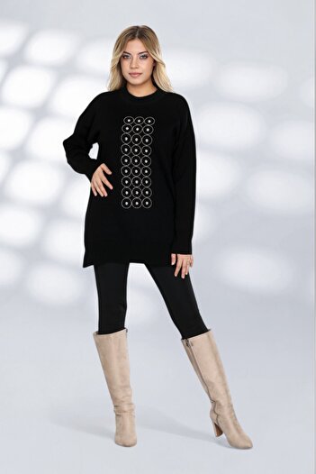 NEWCO Sparkling Stone Detailed Long Knitwear Tunic Modern and Comfortable Cut
