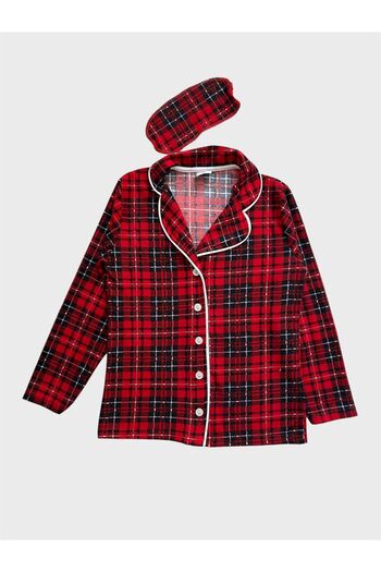 ALİŞ KİDS Boys' Cotton Suede Fabric Red Plaid Patterned Sleep Band Shirt Collar Buttoned Pajama Set