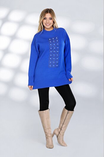 NEWCO Sparkling Stone Detailed Long Knitwear Tunic Modern and Comfortable Cut