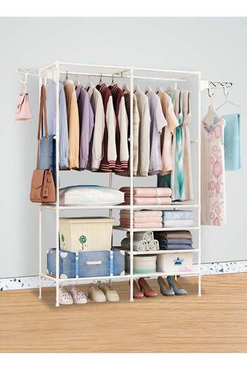 Taimi Metal Clothes Organizer Multi Functional Portable Wardrobe Two Sections And Poles Clothes-white