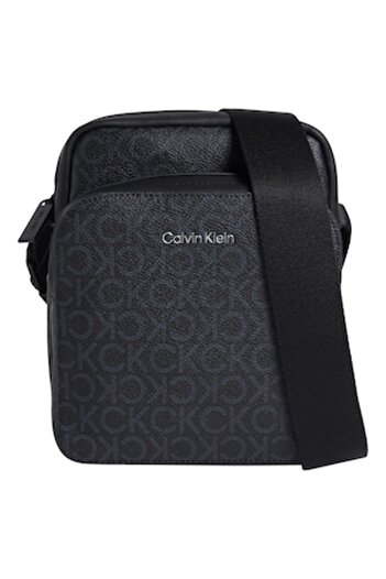 Calvin Klein , Crossbody Bag in -Leather with Monogram, Black, Dark Grey