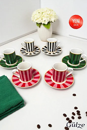 GÜLZE 6-Person (12 Piece) Mozai̇k Model Luxury Coffee Cup Set (Special Design, Pure Porcelain)