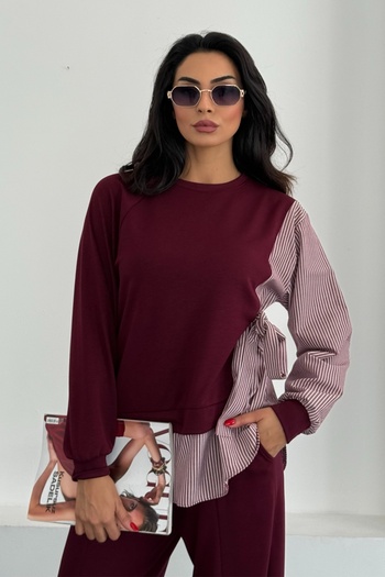 Ded COLLECTION Women's Striped Shirt Detailed Side Tie Long Sleeve Tube Leg Bottom Top Modal Suit