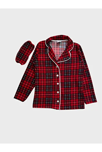 tusem butik homewear Boys' Cotton Suede Fabric Red Plaid Patterned Shirt Collar Buttoned Sleep Band Pajama Set