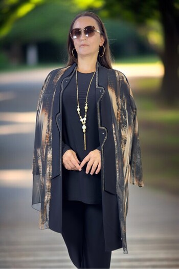 yagmurberen Stone Embroidered Shawl Collar Cut Chifon Jacket Cycling Collar Short Sleeve Bluse Waist Elastic Pants 3-Piece Set