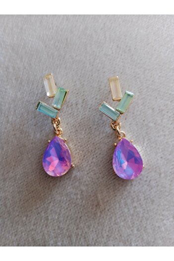 Pervin Ablacım Steel Pink Stone Hanging Stylish Earrings