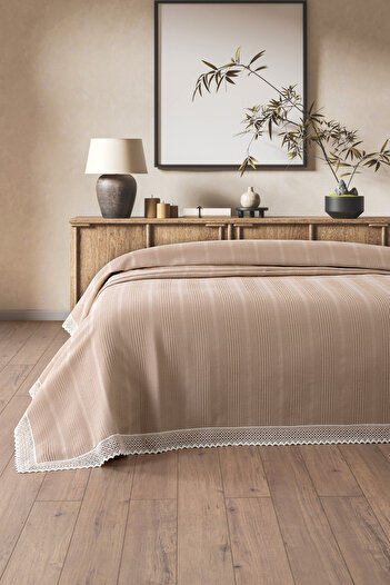 Sevim Single Two Color Kopanaki Lace Honeycomb Pique - Waffle Woven -160X230 Cm-Cappuccino