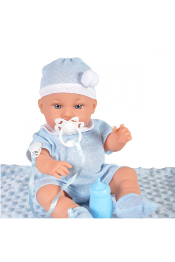 Moni Papusa Bebelus fetita 36cm Baby Boy Blue cu salopeta,caciulita,paturica de infasat,suzeta si ju