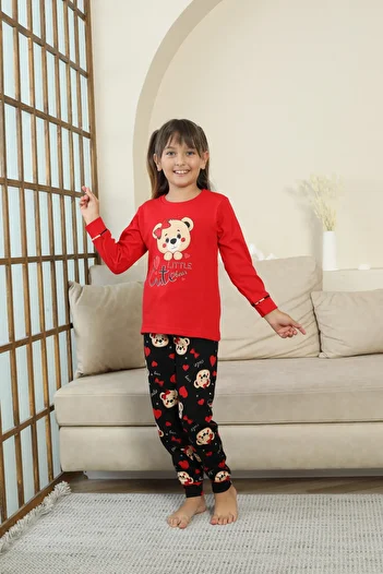 Zekalya Little Cute Teddy Bear Patterned Girl's Pajama Set - Red
