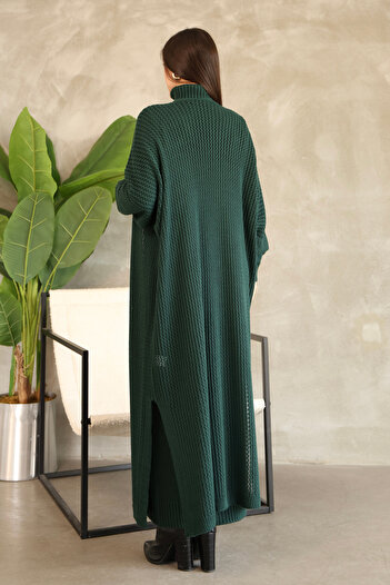 ALCHON Turtleneck Long Sleeve Ankle Length Solid Color Dress Hollowed Out Openwork Bat Sleeve Cardigan Knitwear Two-Piece Suit