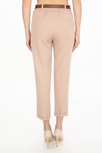 BELİZZİA Belted Back Elastic Single Pleated Beige Double Pleated Women's Pants