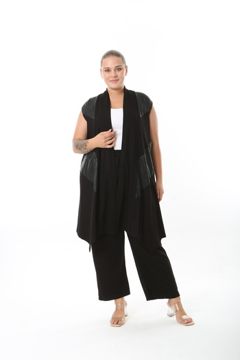 XL Modam Black Lycra Viscose Women's Large Size Vest with Leather Details