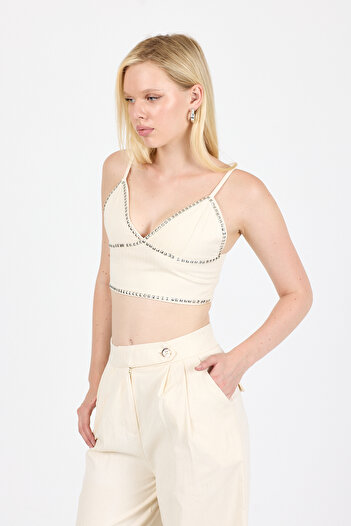 Eco Sense Cream Color Suspender Crop Top with V-Neck and Metallic Detail - Stylish Design Women Bustier