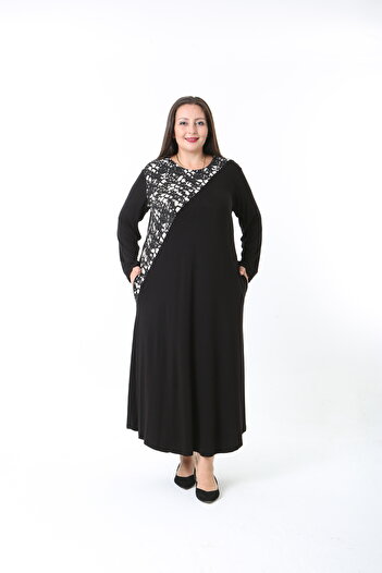 XL Modam Women's Lycra Viscose Black Patterned Plus Size Dress