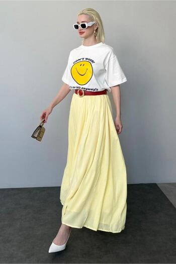 Madmext Light Yellow Voile Fabric Basic Women's Long Length Women's Skirt Mg2366