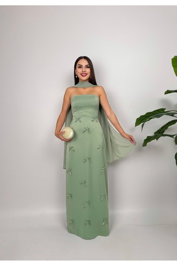maf collection Women's Khaki Satin Strapless Ribbon Shawl Detail Evening Dress Homecoming Dress
