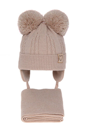 fantasialand Winter Set for Girls - Cream Hat and Scarf with 2 Pom Poms, Model Rozi
