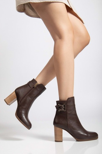 ANALİN SHOES Γυναικείες μπότες με τακούνι από γνήσιο δέρμα - καφέ