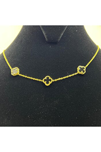 Victoria Van Cleef Yonca 3'lü Siyah Taşlı Kadın Kolyesi 925 Ayar Gümüş Altın Kaplama 8 mm