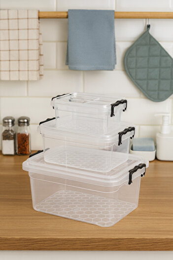 ELDİPA Set of 3 300-800-1700 ml Transparent Modern Pantry Storage Container Food Storage Container