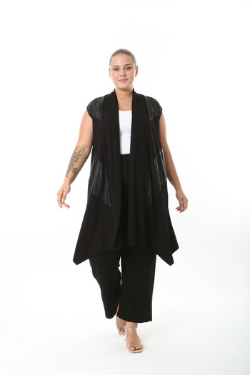XL Modam Black Lycra Viscose Women's Large Size Vest with Leather Details