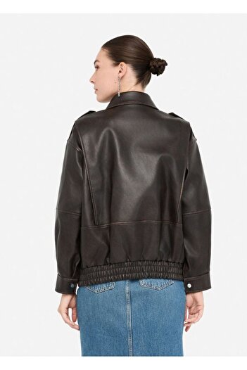 Liu Jo Women's Comfortable Fit Notched Collar Zippered Leather Brown Jacket Mf5097E1051-X0558