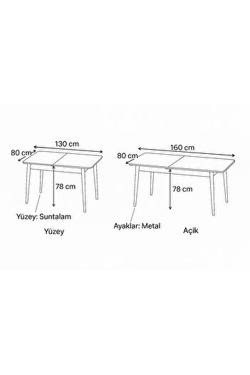 DENGEMA Berlin Açılır Dikdörtgen Masa – Gri Mermer, Siyah Ayak, 80×130 → 160 cm (Sandalyesiz, 4–6 Kişilik)