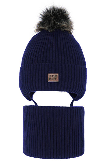 fantasialand Winter Set for Boys: Navy Blue Hat and Circular Scarf with Pompon, Denzel Model