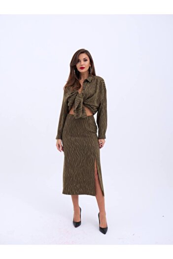 369 etnik butik Women's Jacquard Patterned Slit Detailed Shirt Skirt Double Set