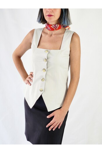 YAXİ Square Collar Unlined Cream Woven Vest