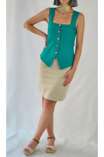 YAXİ Square Collar Unlined Green Woven Vest