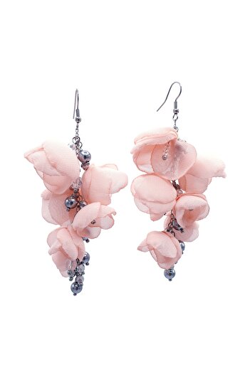 Corizmi Cercei lungi stil ciorchine cu flori din voal, perle si cristale, handmade, Latin Love