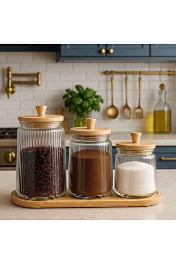 ENYAZA(2024) Vacuum 3-Piece Striped Jar Set with Bamboo Stand and Bamboo Lid (800/1300/1800 ml) Grooved