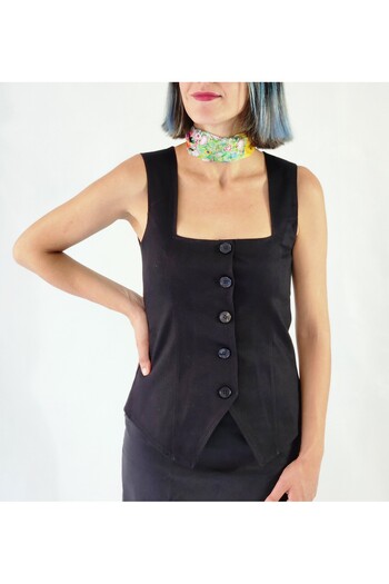 YAXİ Square Collar Unlined Black Woven Vest