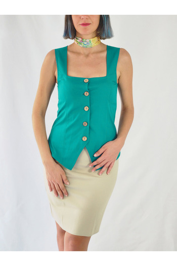 YAXİ Square Collar Unlined Green Woven Vest