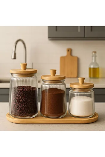 ENYAZA(2024) Vacuum 3-Piece Striped Jar Set with Bamboo Stand and Bamboo Lid (800/1300/1800 ml) Grooved