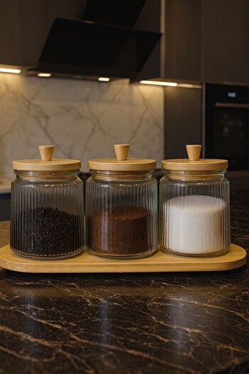 ENYAZA(2024) Set of 4 Bamboo Stand Vacuum Lid Striped Glass Tea Sugar Coffee Salt Pulses Storage Jar 800ml
