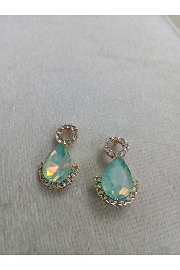 Pervin Ablacım Gold Hanging Earrings with Steel Turquoise Colored Drop Stones