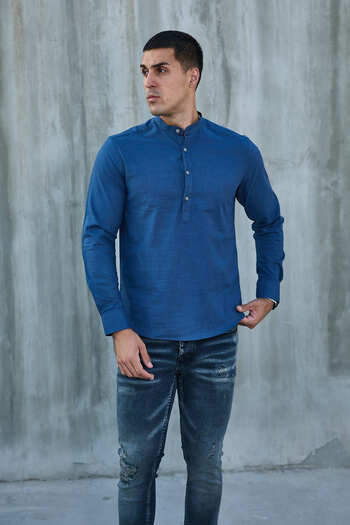 jack carisma Cămașă pentru bărbați INDIGO HAKIM, cu guler, cu textura de in, din bumbac, slim fit