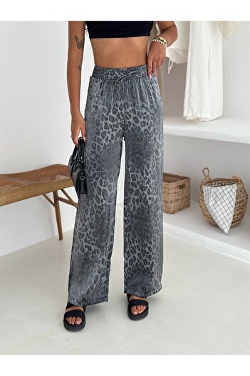sportiness Leopard Patterned Wide Leg Trousers with Elastic Waist