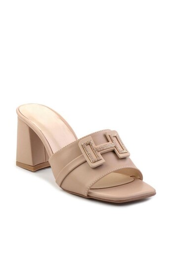Zerenyus Erew Stone Detailed Stylish Women's Heeled Slippers Beige