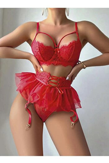 SiaLess Lingerie Fancy Sexy Garter Costume, Fantasy Garter Set with Red Skirt, Lace Lingerie